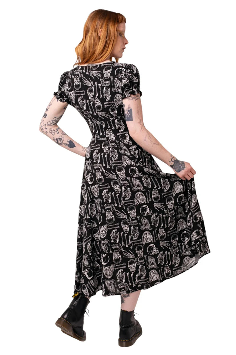 Hell Bunny Anatomy Dress - Black Bone Print Midi with Slit