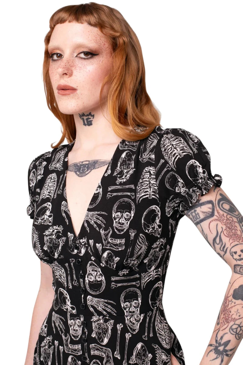 Hell Bunny Anatomy Dress - Black Bone Print Midi with Slit