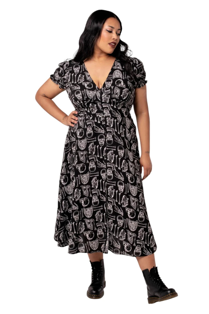 Hell Bunny Anatomy Dress - Black Bone Print Midi with Slit