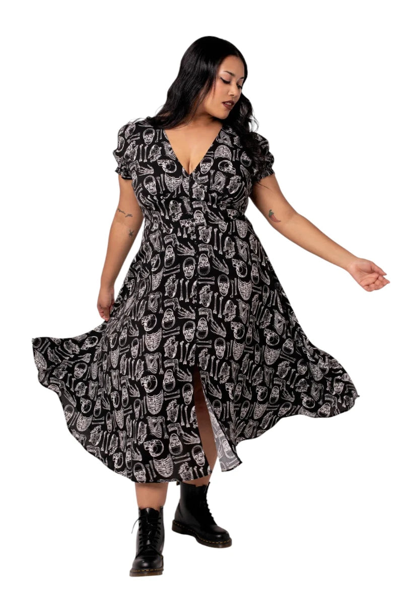 Hell Bunny Anatomy Dress - Black Bone Print Midi with Slit