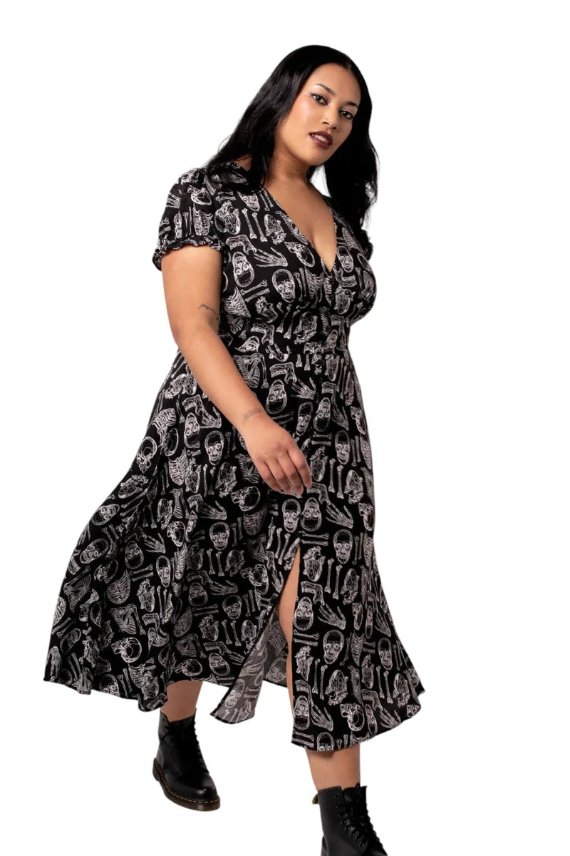 Hell Bunny Anatomy Dress - Black Bone Print Midi with Slit