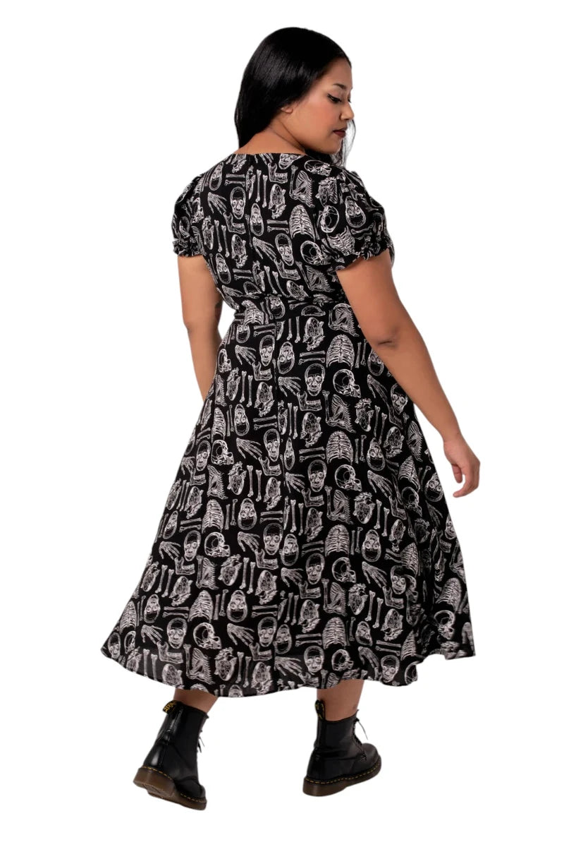 Hell Bunny Anatomy Dress - Black Bone Print Midi with Slit