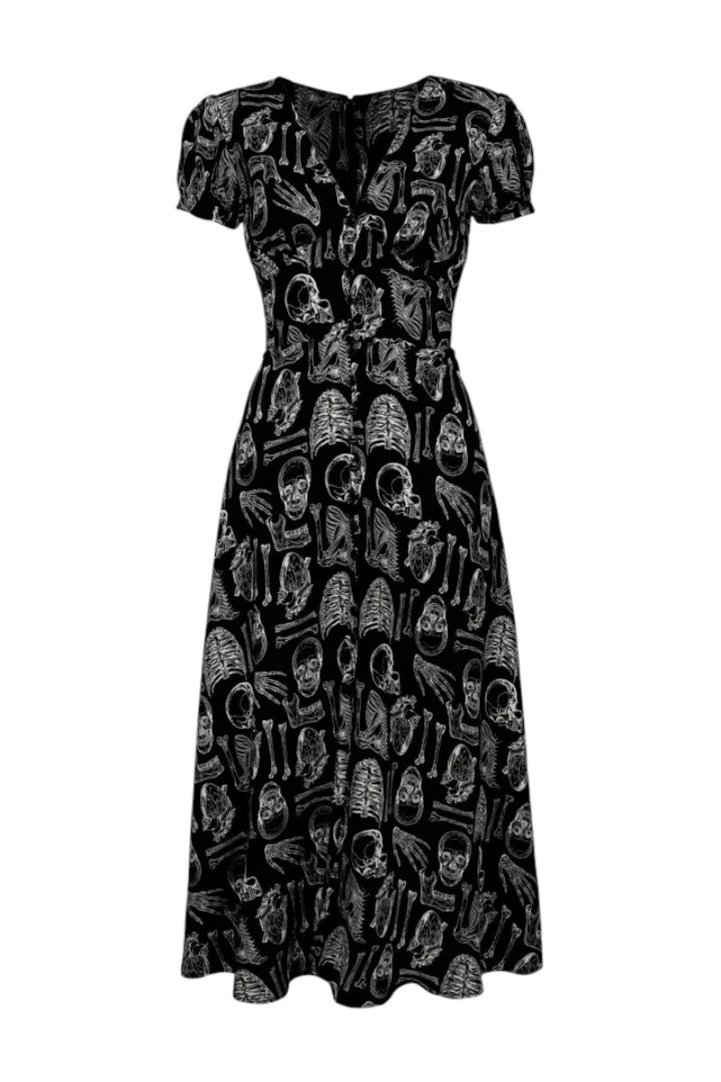 Hell Bunny Anatomy Dress - Black Bone Print Midi with Slit