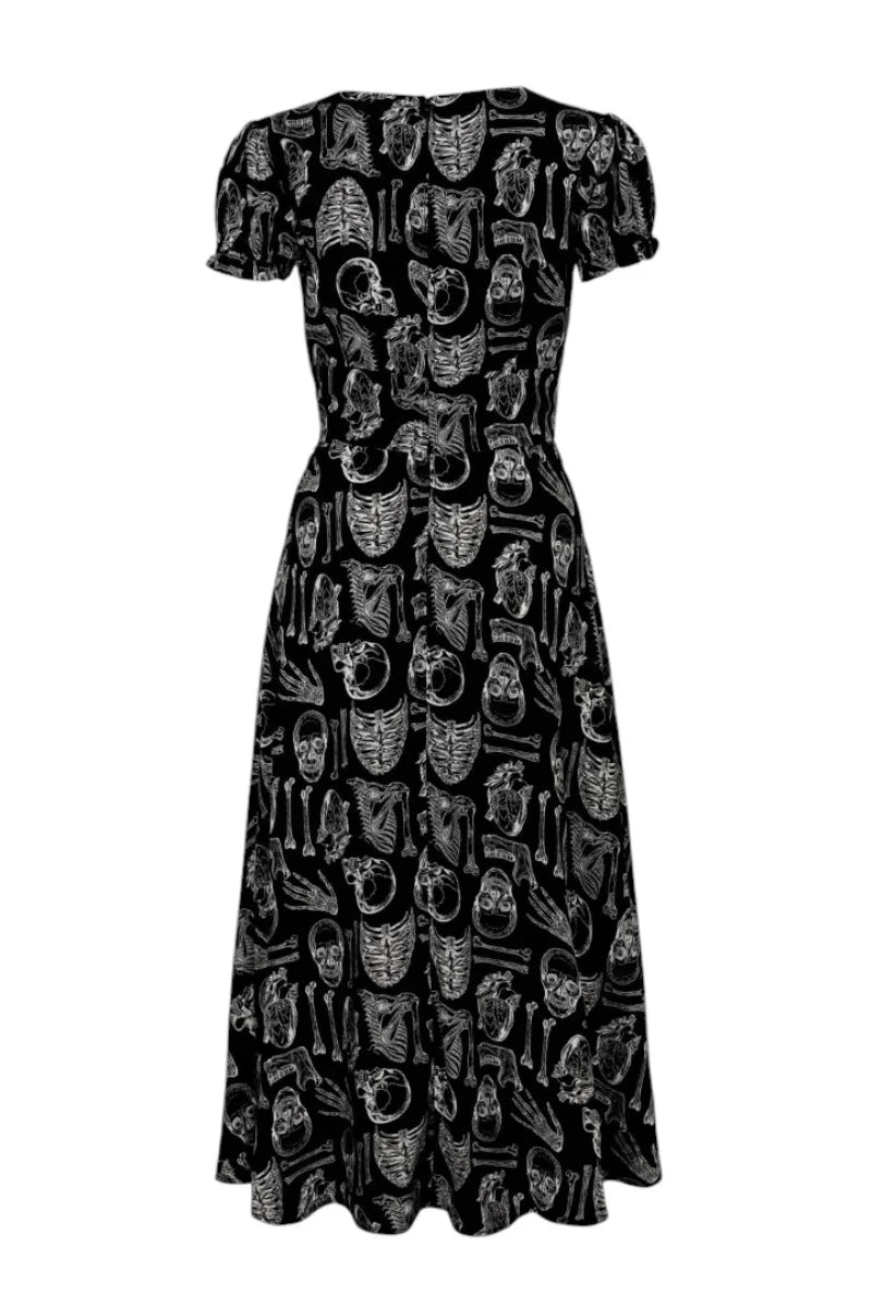 Hell Bunny Anatomy Dress - Black Bone Print Midi with Slit