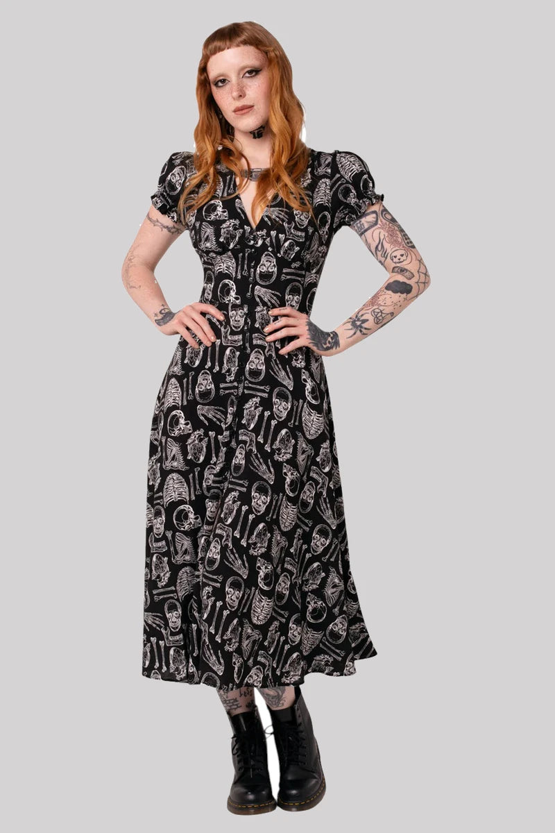 Hell Bunny Anatomy Dress - Black Bone Print Midi with Slit