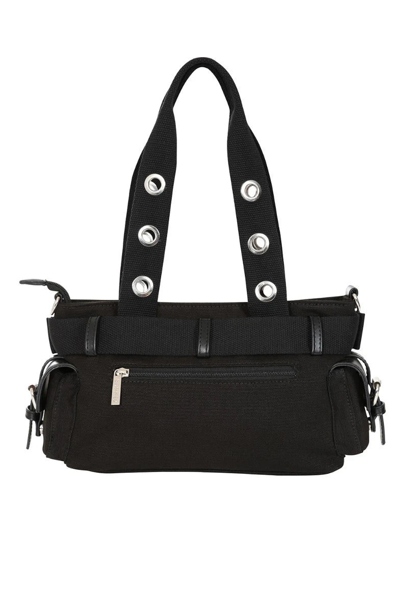 Banned Fang Flicker Handbag - Black Punk Belted Canvas Bag