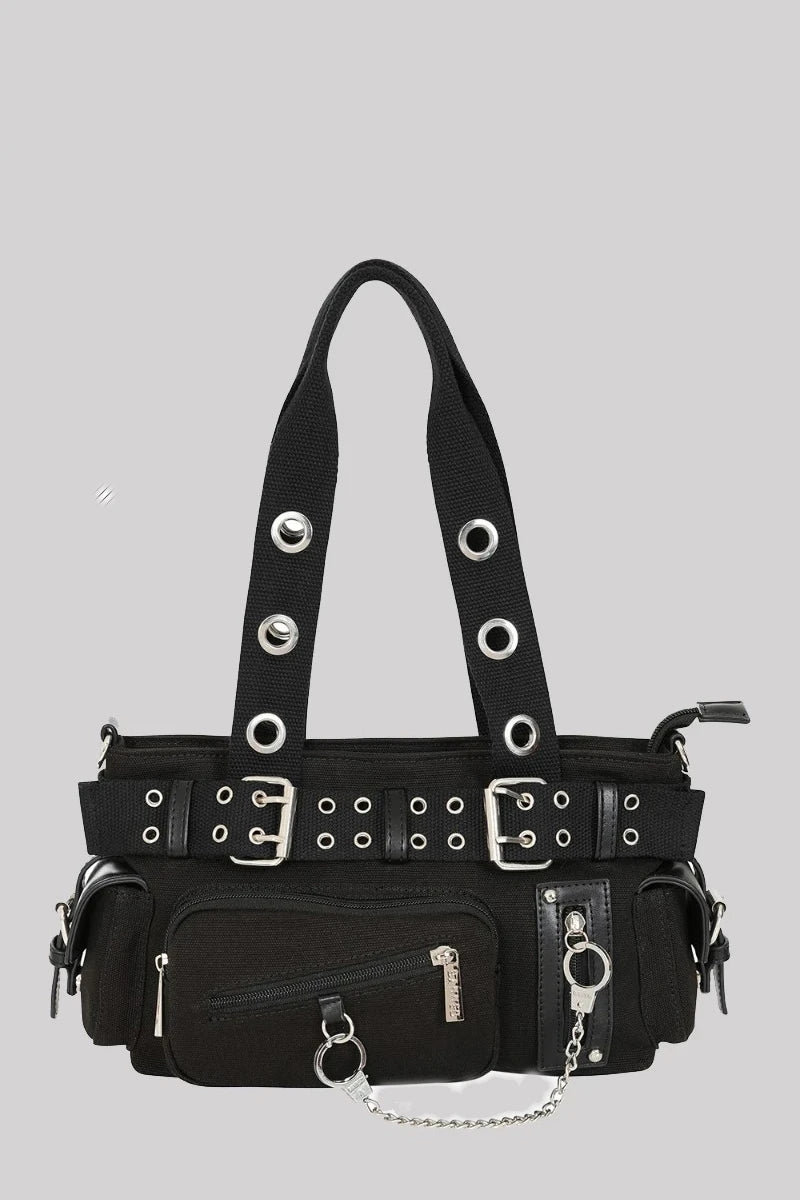Banned Fang Flicker Handbag - Black Punk Belted Canvas Bag