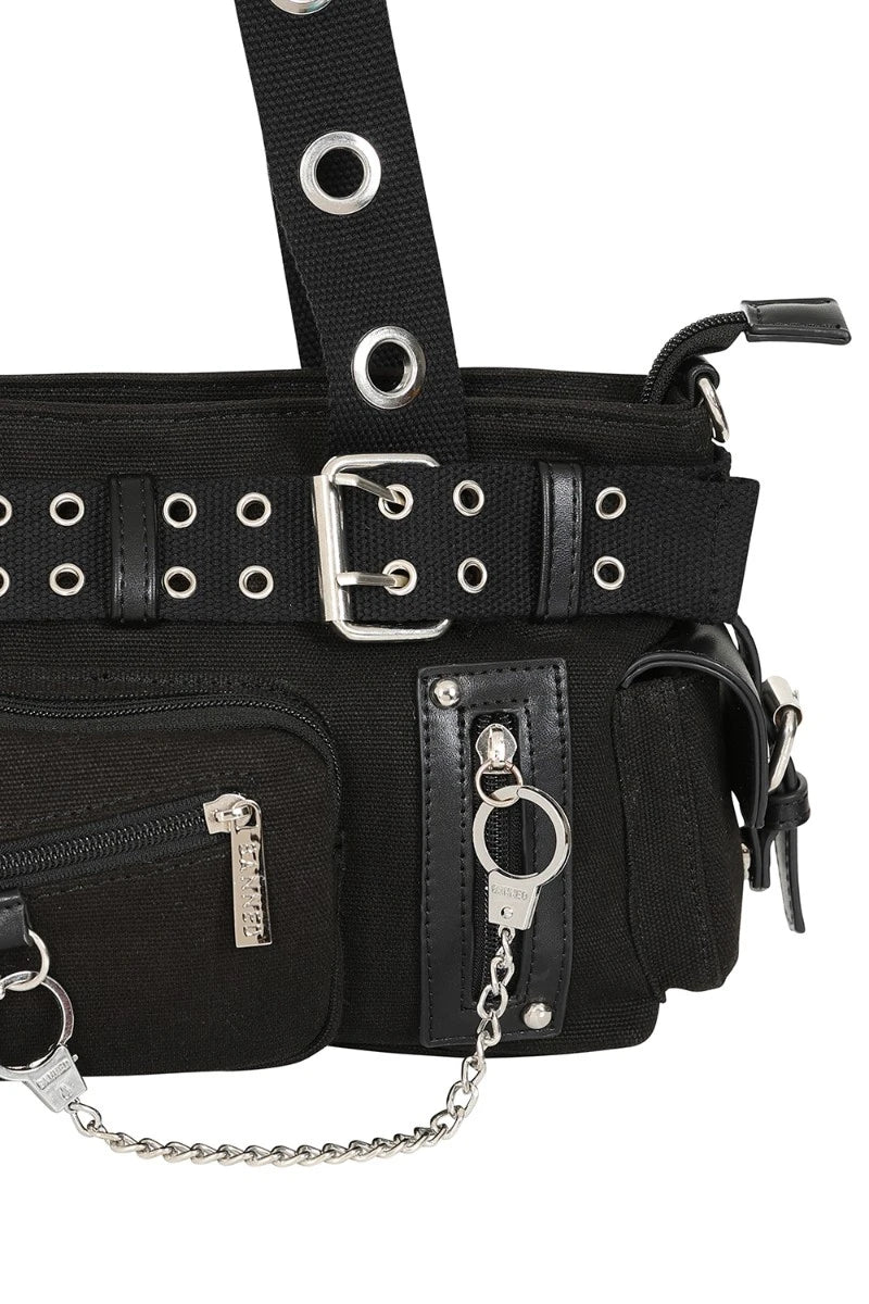Banned Fang Flicker Handbag - Black Punk Belted Canvas Bag