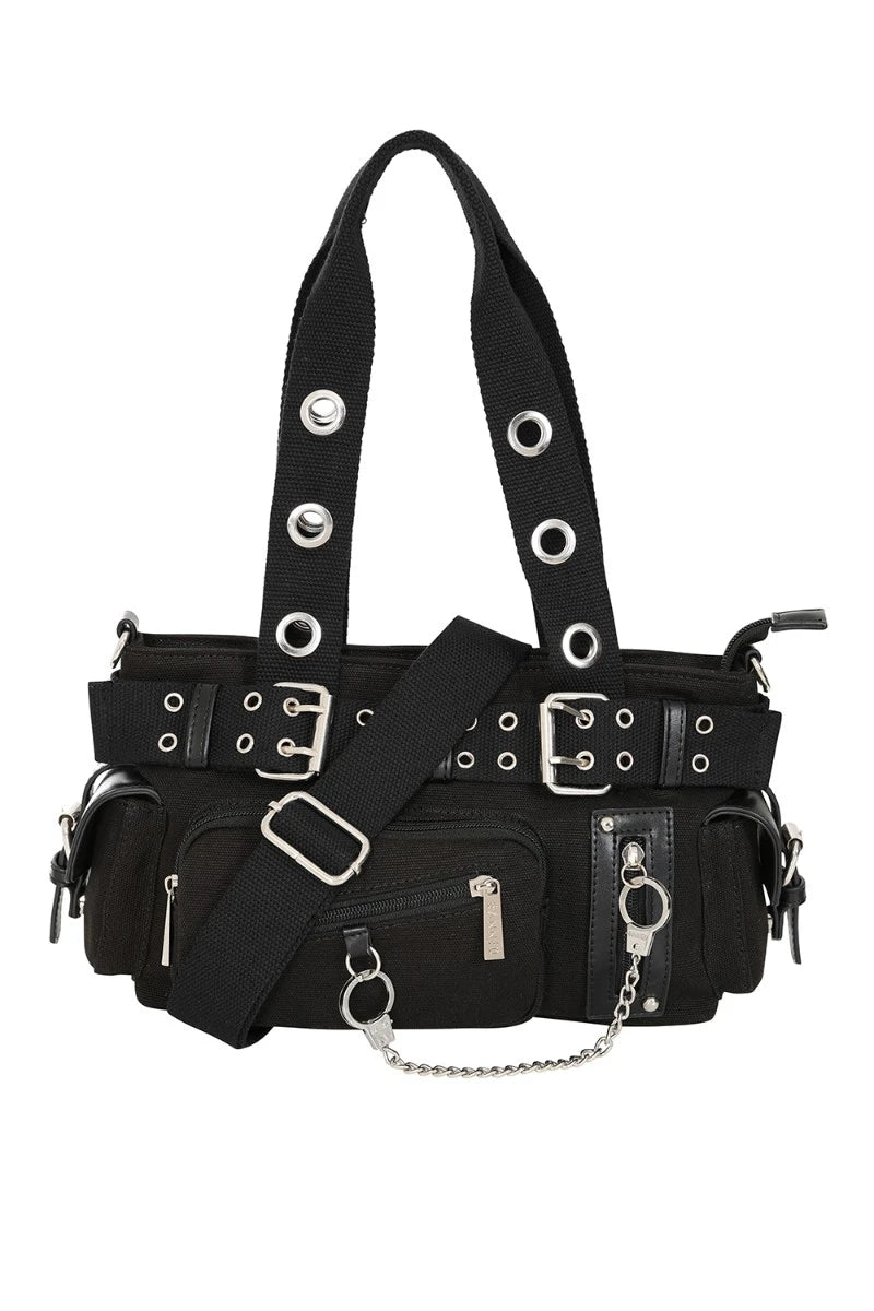 Banned Fang Flicker Handbag - Black Punk Belted Canvas Bag