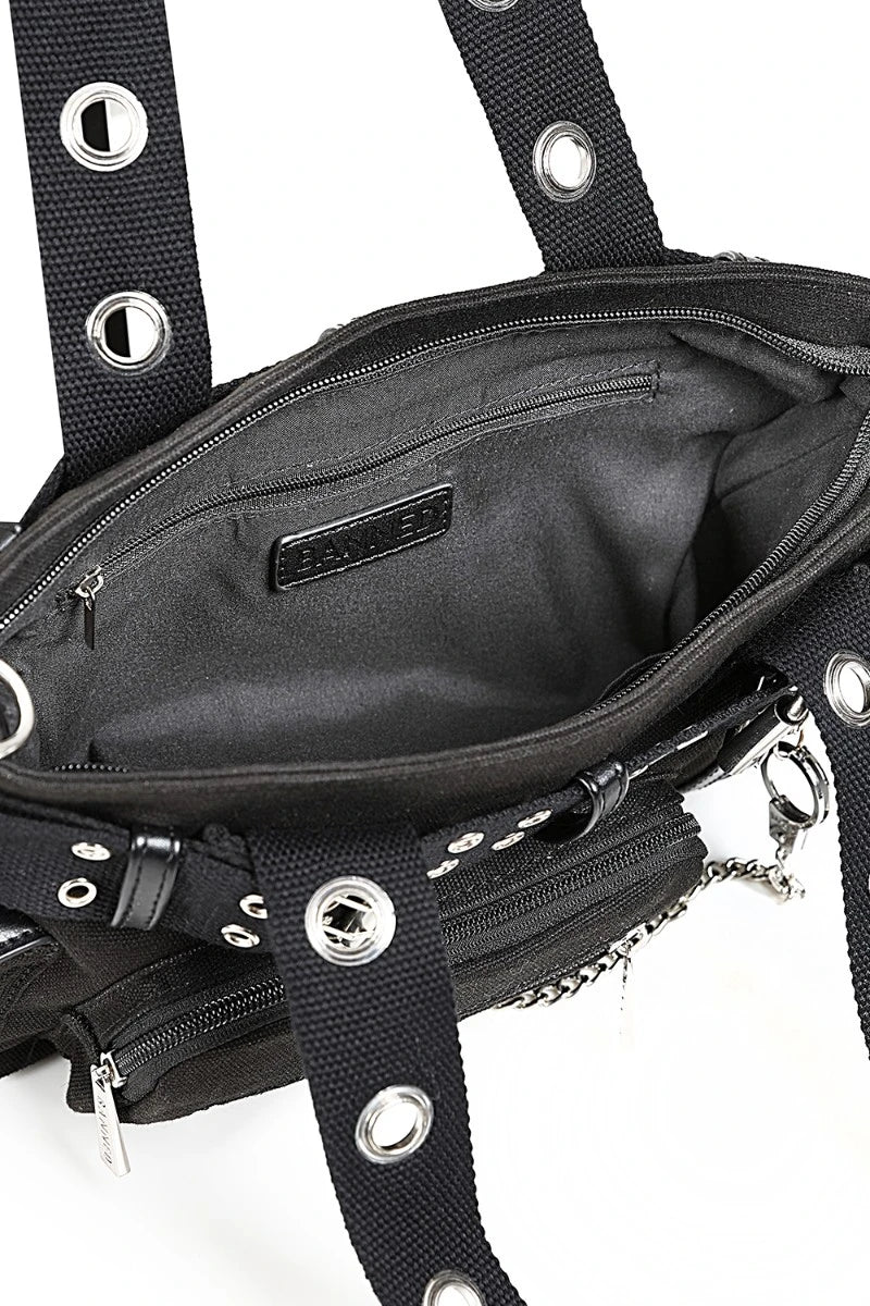 Banned Fang Flicker Handbag - Black Punk Belted Canvas Bag