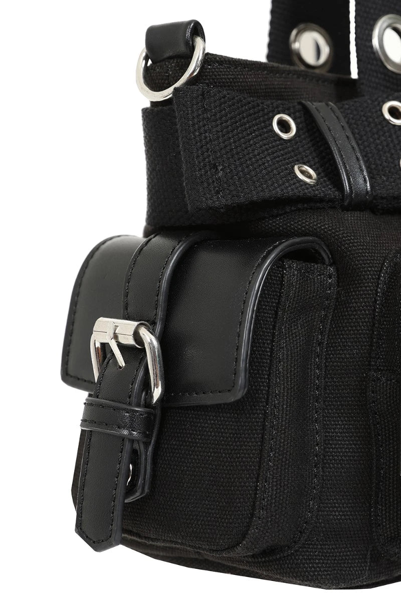 Banned Fang Flicker Handbag - Black Punk Belted Canvas Bag