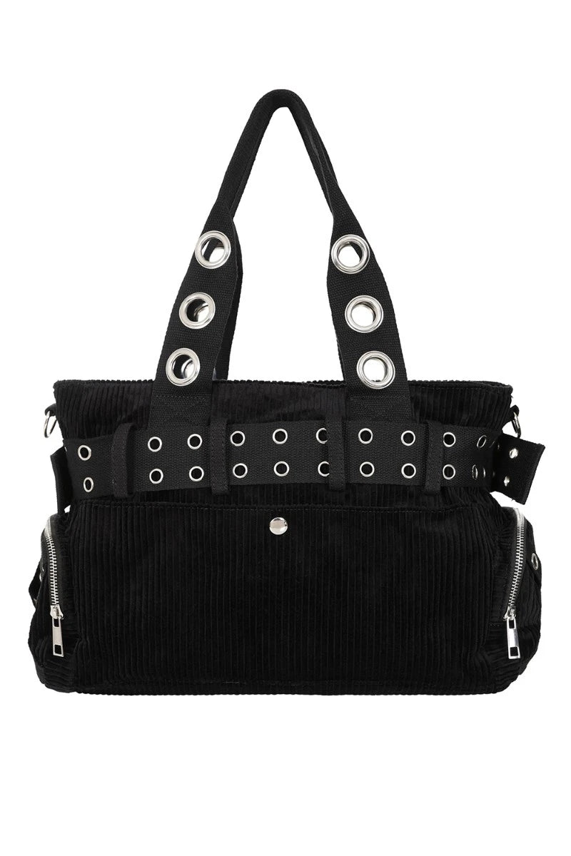 Banned Black Corduroy Handbag - Gothic Tote with Pockets
