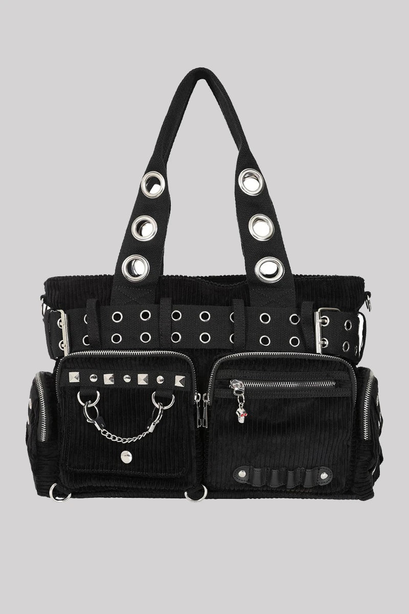 Banned Black Corduroy Handbag - Gothic Tote with Pockets