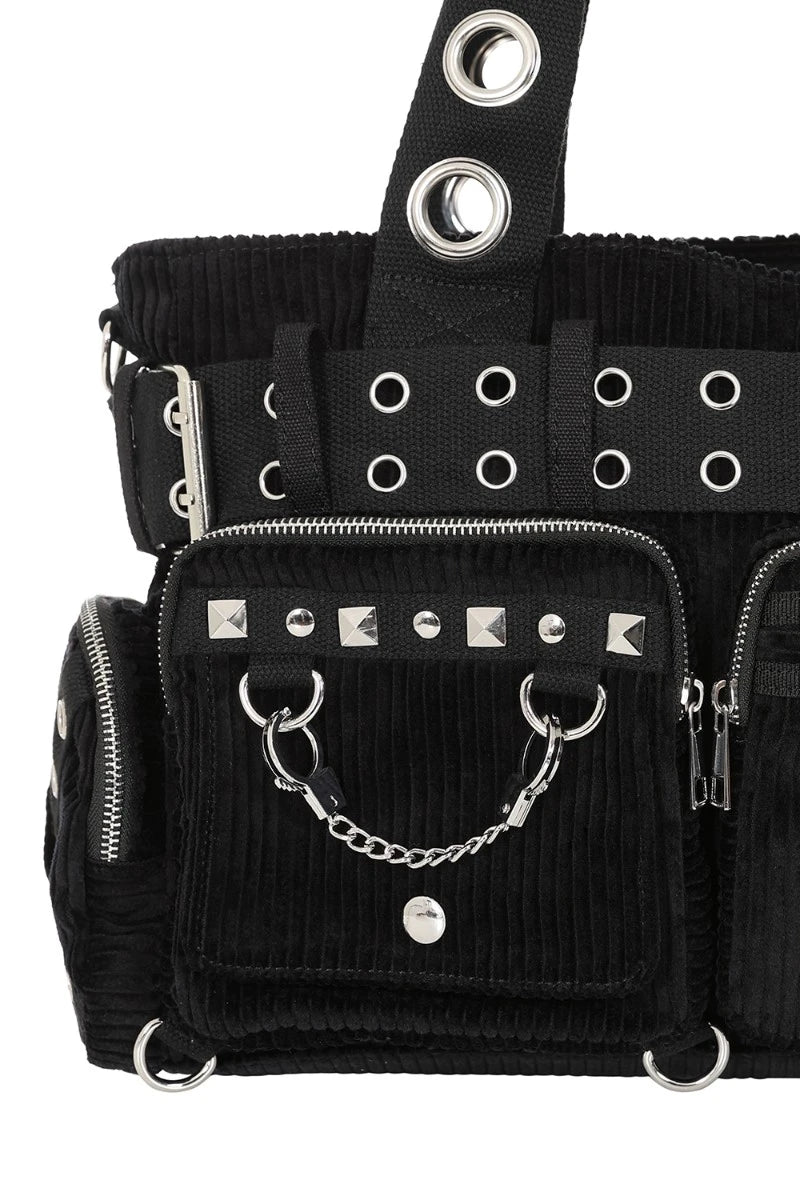 Banned Black Corduroy Handbag - Gothic Tote with Pockets