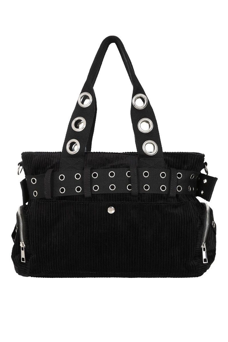 Banned Black Corduroy Handbag - Gothic Tote with Pockets