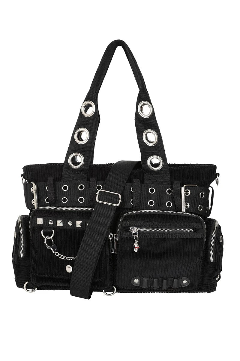 Banned Black Corduroy Handbag - Gothic Tote with Pockets