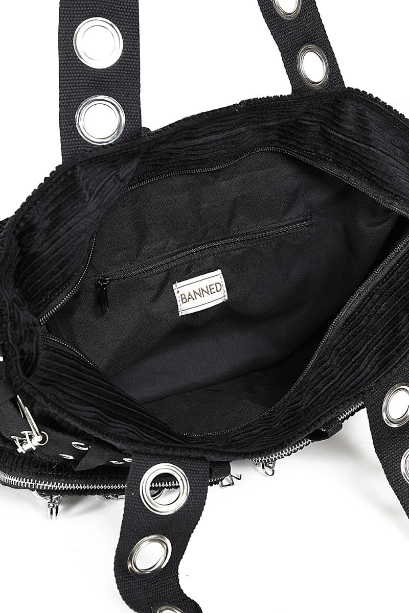 Banned Black Corduroy Handbag - Gothic Tote with Pockets