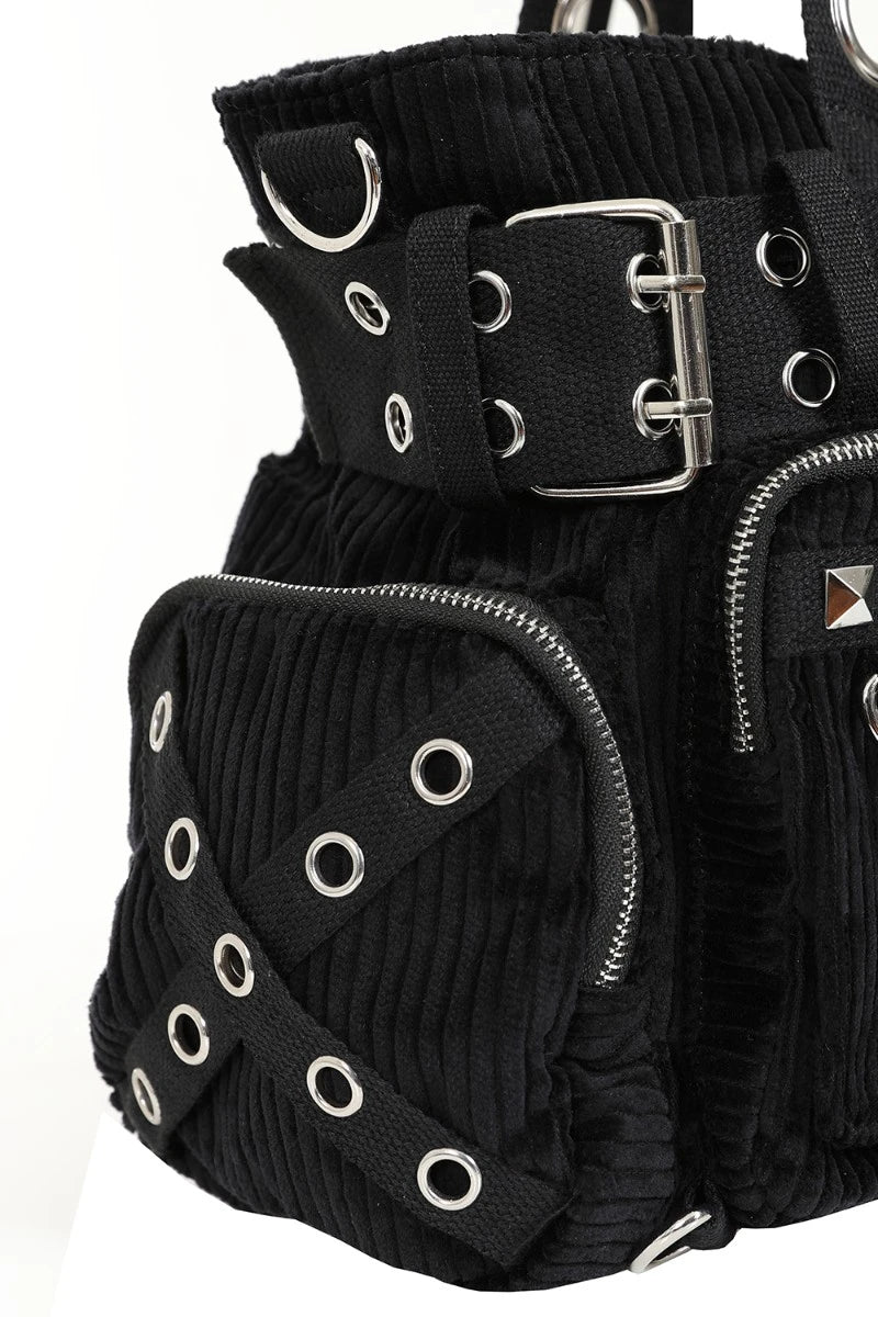 Banned Black Corduroy Handbag - Gothic Tote with Pockets