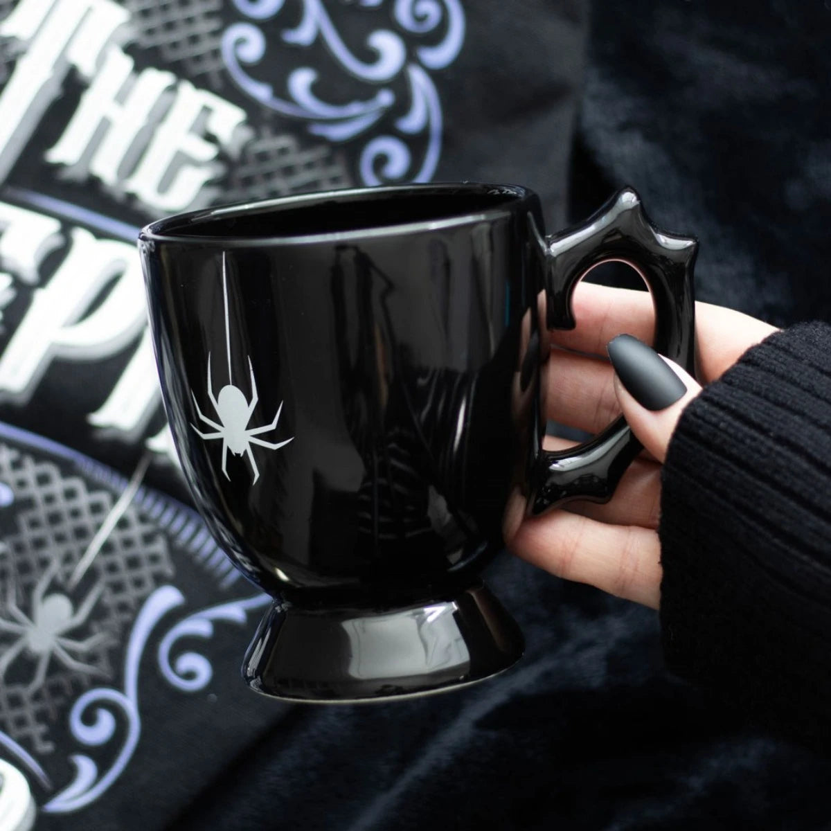 Black Spider Teacup Ceramic Halloween Mug with Unique Handle