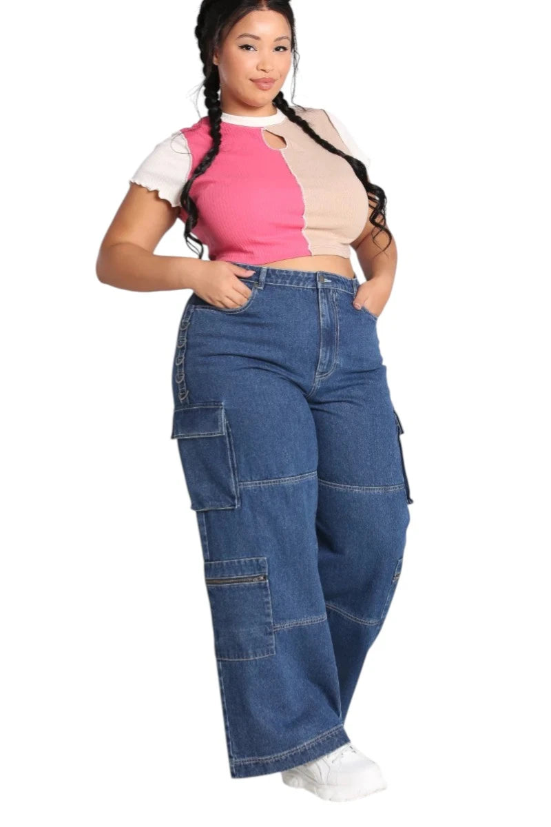 Hell Bunny Cameron Jeans Wide Leg Cargo Blue Denim Pants