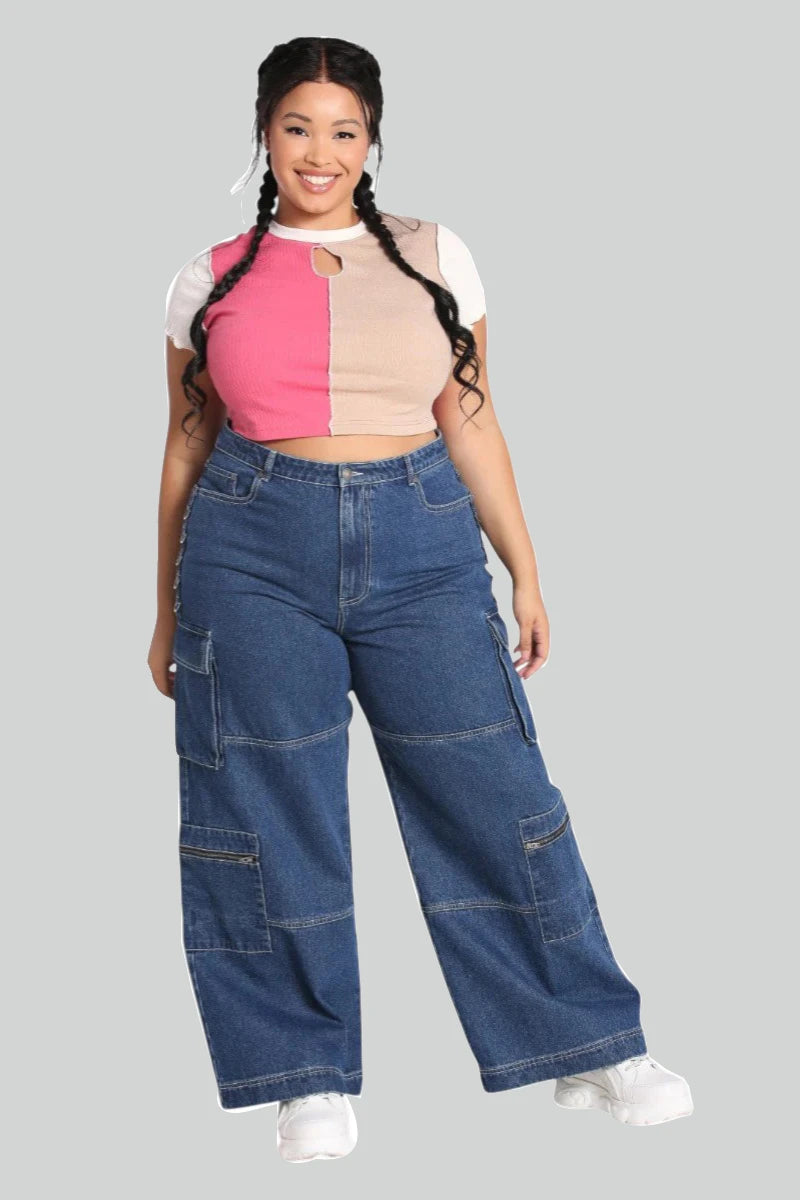 Hell Bunny Cameron Jeans Wide Leg Cargo Blue Denim Pants