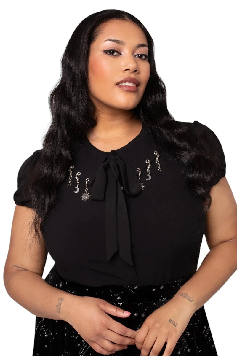 Hell Bunny Charming Blouse - Black Sheer Puff Sleeve Top