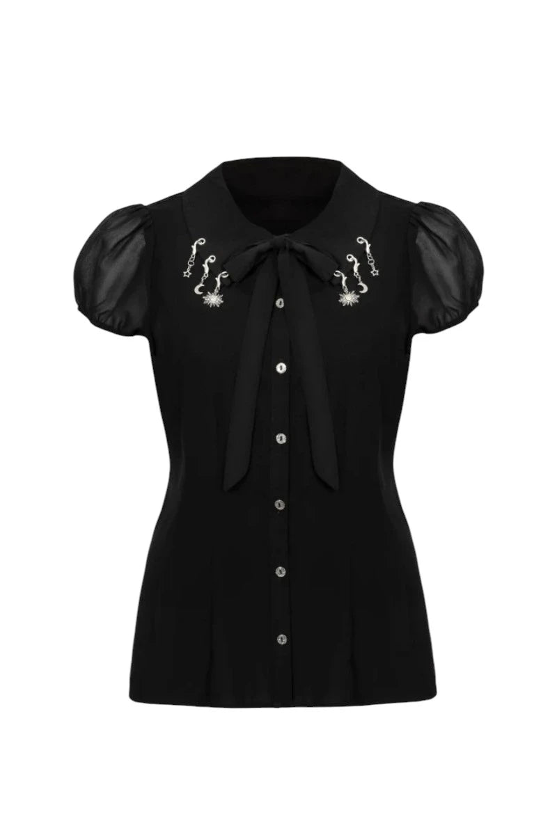Hell Bunny Charming Blouse - Black Sheer Puff Sleeve Top