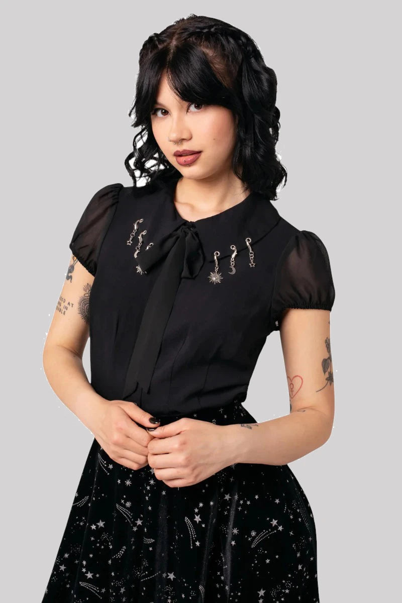 Hell Bunny Charming Blouse - Black Sheer Puff Sleeve Top