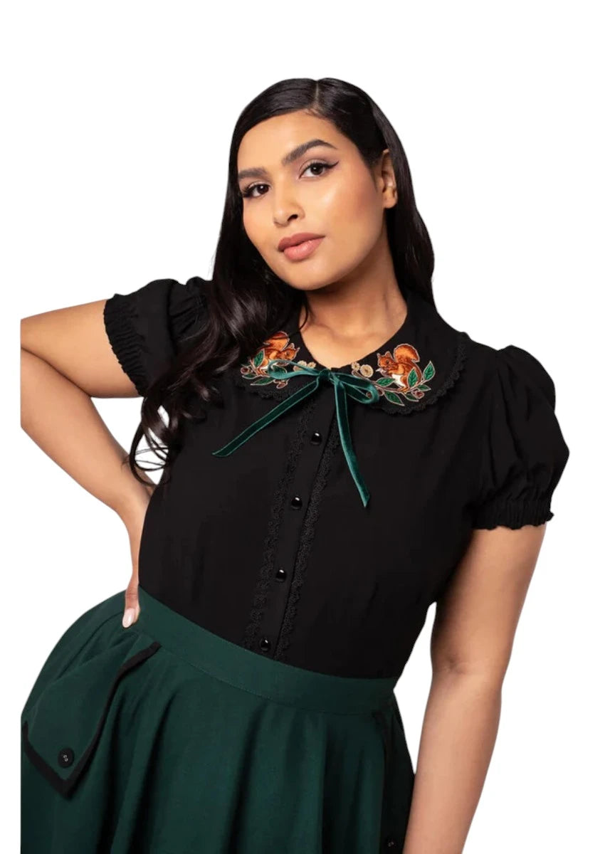 Hell Bunny Chester Blouse - Black Woodland Squirrel Top