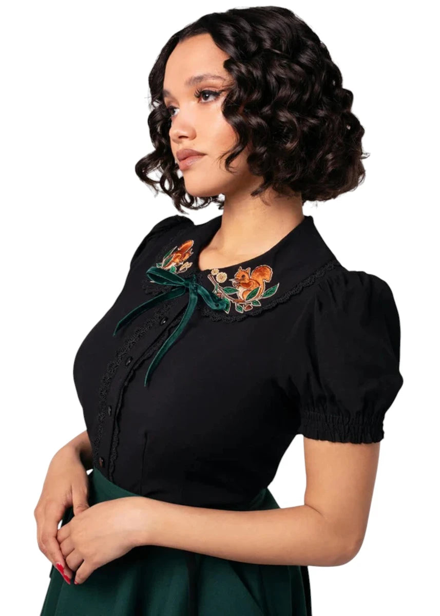 Hell Bunny Chester Blouse - Black Woodland Squirrel Top