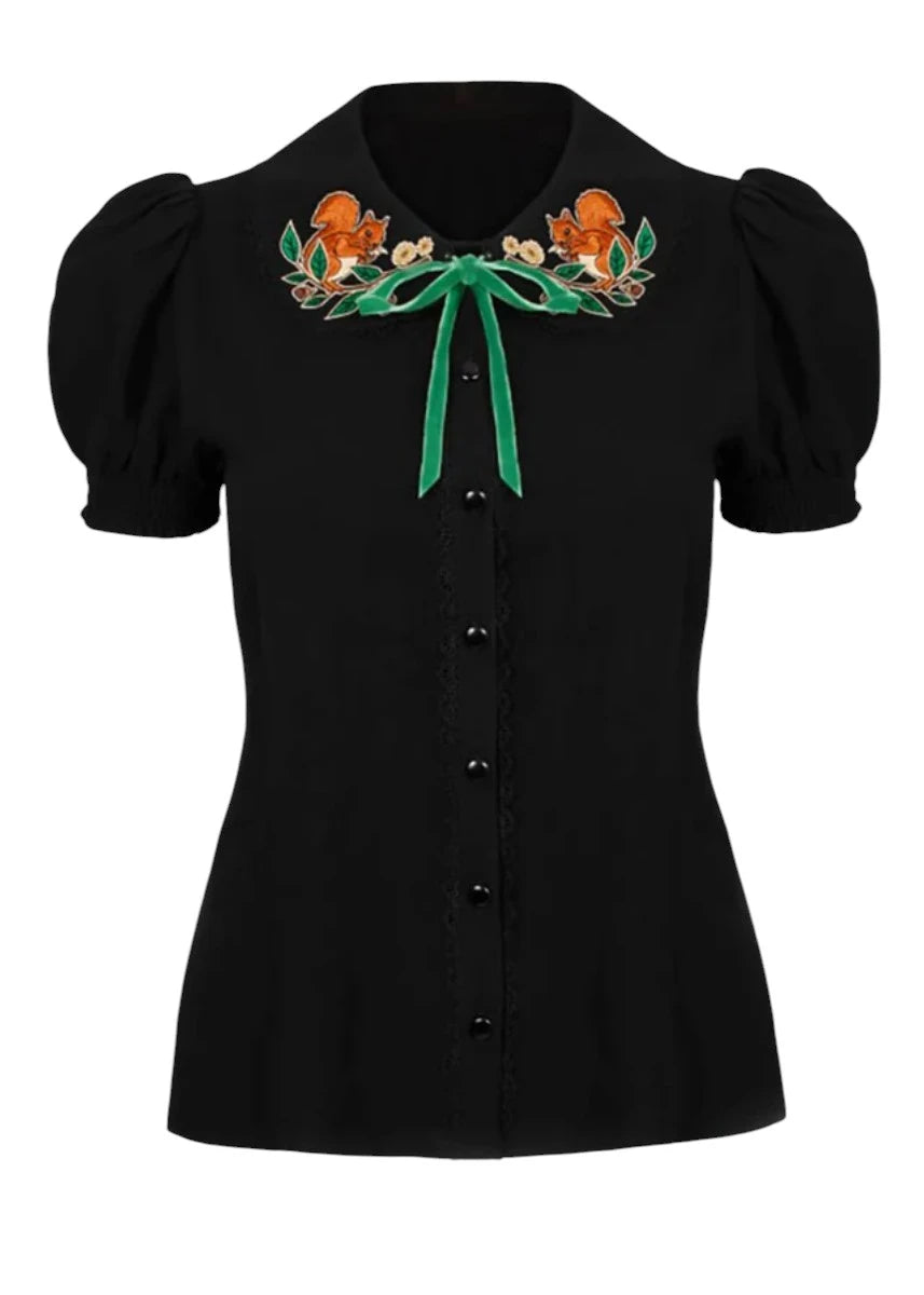 Hell Bunny Chester Blouse - Black Woodland Squirrel Top