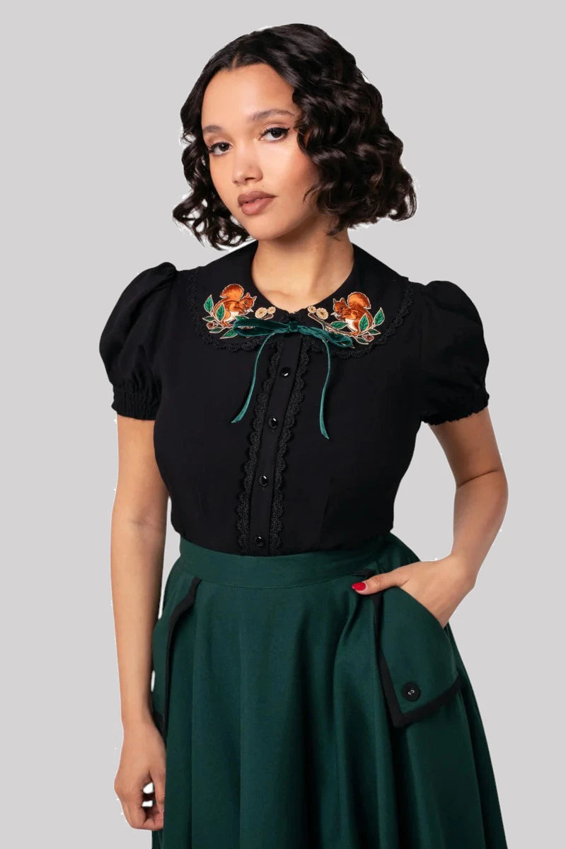 Hell Bunny Chester Blouse - Black Woodland Squirrel Top