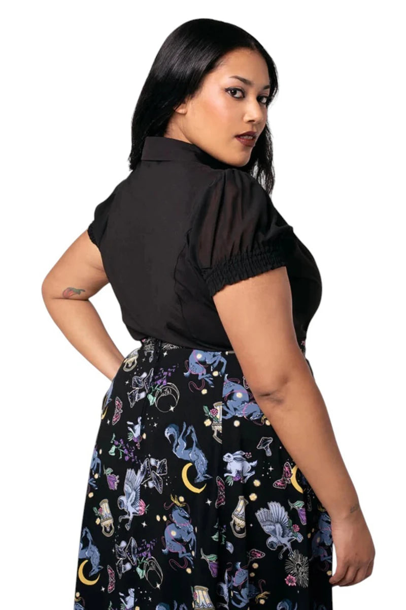 Hell Bunny Danica Blouse - Black Sheer Sun Moon Embroidery