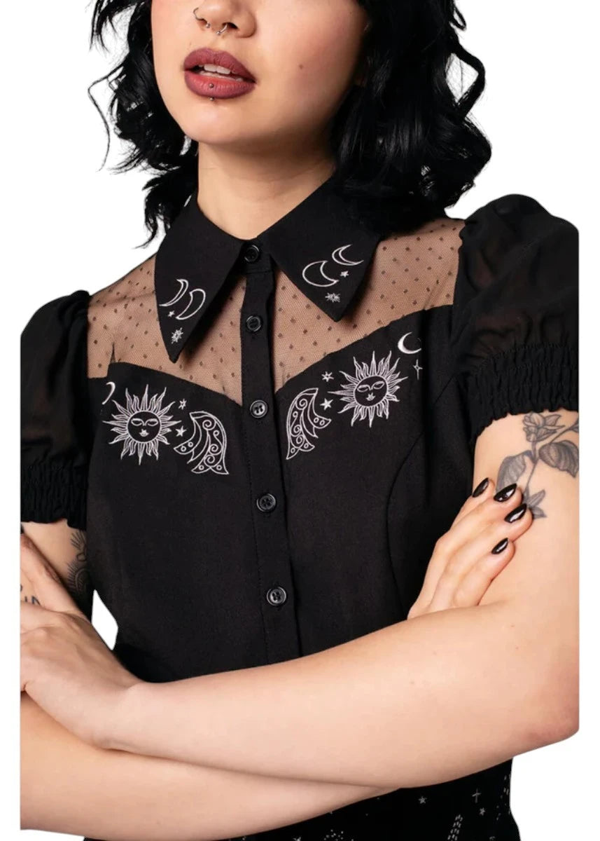 Hell Bunny Danica Blouse - Black Sheer Sun Moon Embroidery