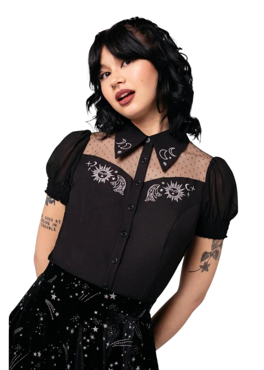 Hell Bunny Danica Blouse - Black Sheer Sun Moon Embroidery