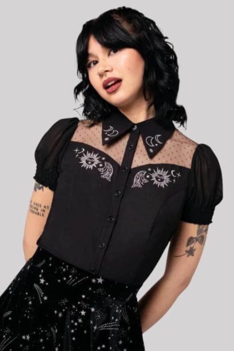Hell Bunny Danica Blouse - Black Sheer Sun Moon Embroidery