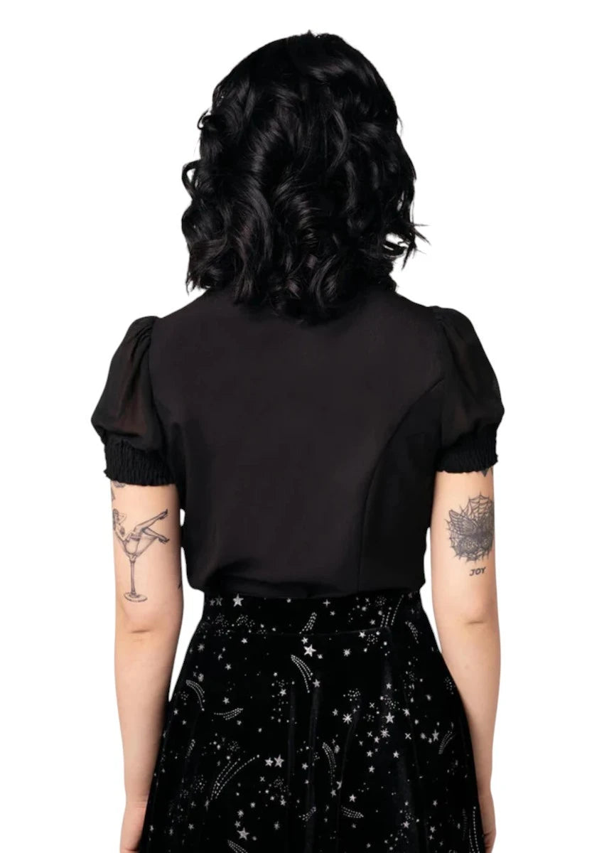 Hell Bunny Danica Blouse - Black Sheer Sun Moon Embroidery
