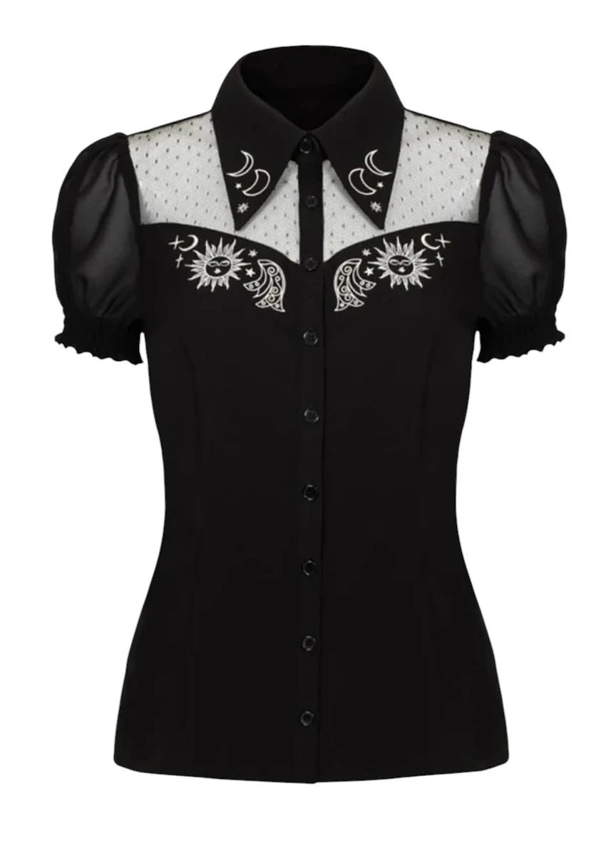 Hell Bunny Danica Blouse - Black Sheer Sun Moon Embroidery