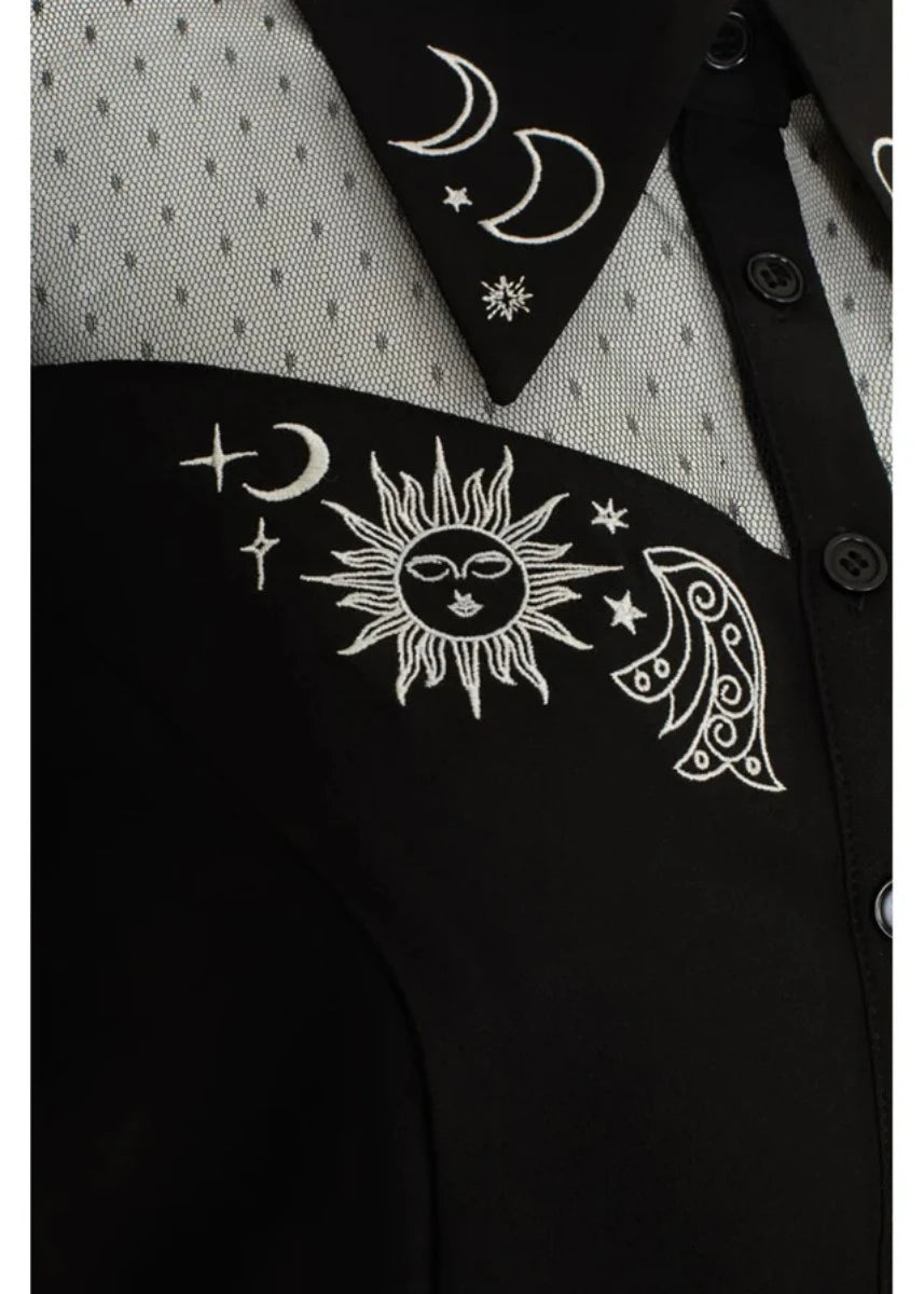 Hell Bunny Danica Blouse - Black Sheer Sun Moon Embroidery