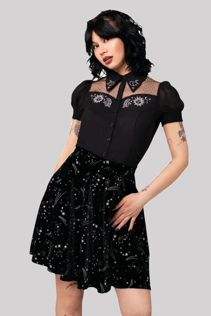 Hell Bunny Danica Blouse - Black Sheer Sun Moon Embroidery