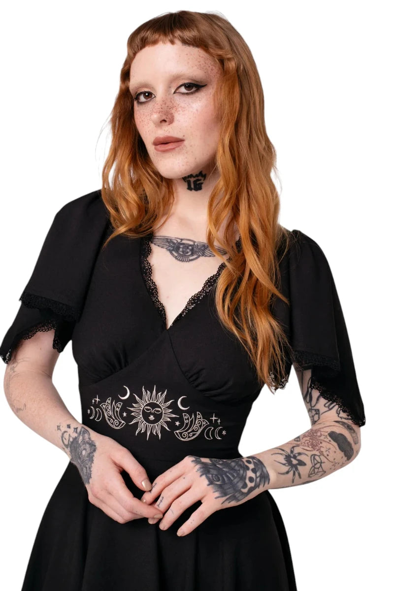 Hell Bunny Danica Dress - Black Celestial Embroidered Midi
