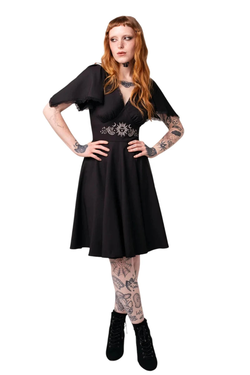 Hell Bunny Danica Dress - Black Celestial Embroidered Midi