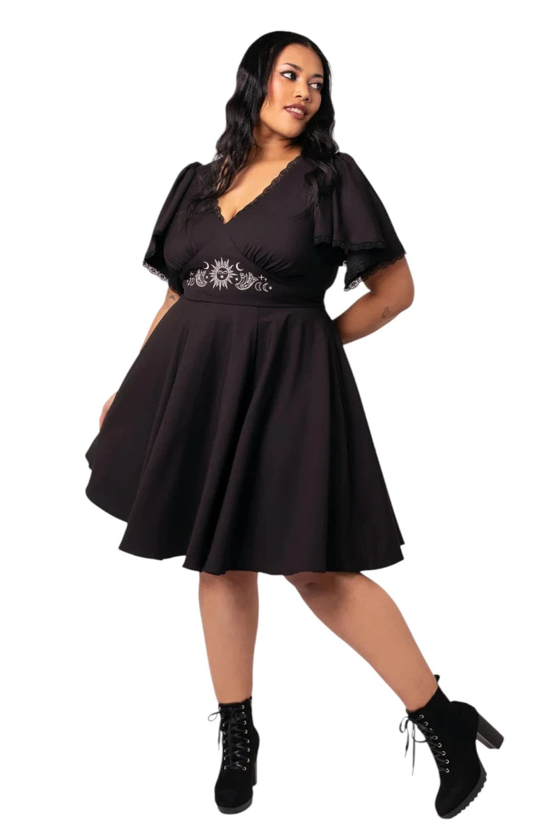 Hell Bunny Danica Dress - Black Celestial Embroidered Midi