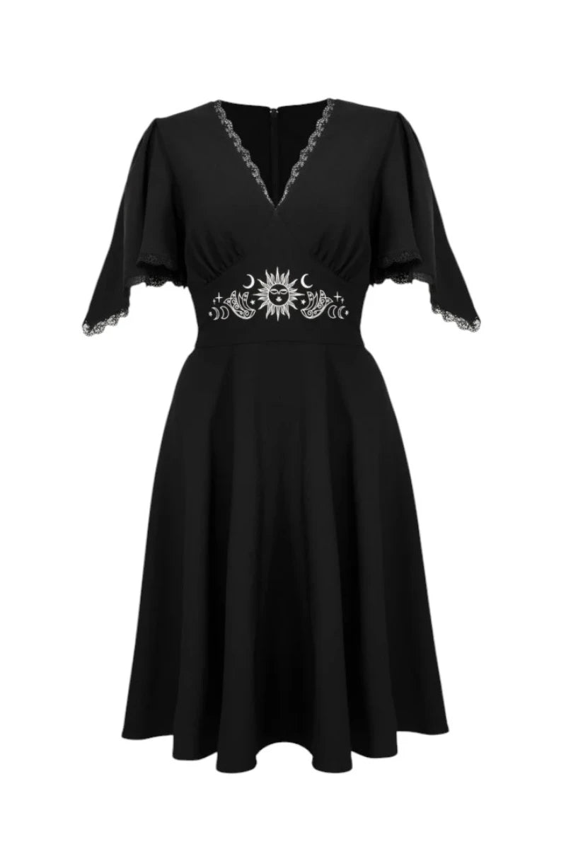 Hell Bunny Danica Dress - Black Celestial Embroidered Midi