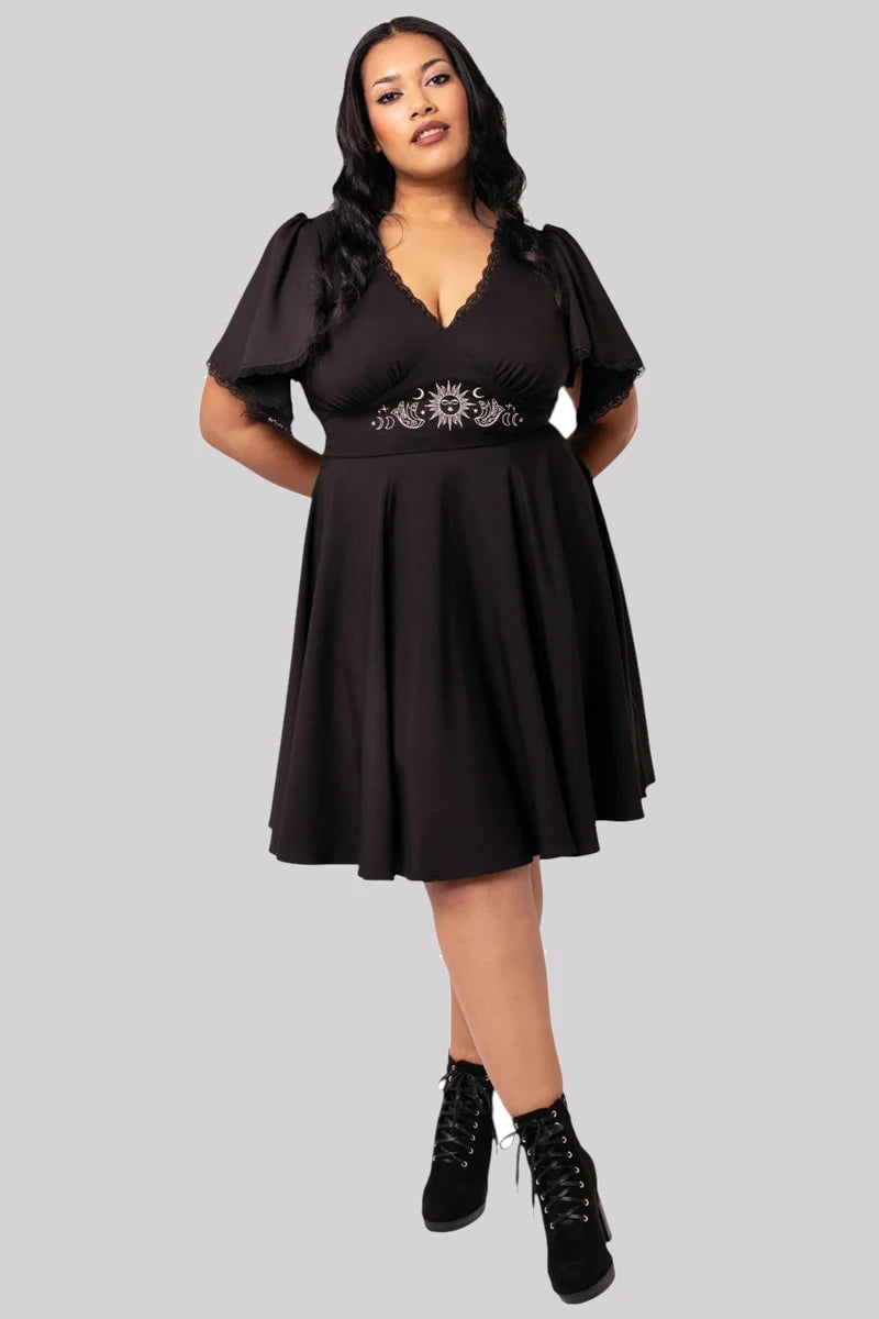 Hell Bunny Danica Dress - Black Celestial Embroidered Midi