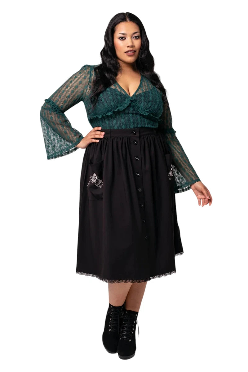 Hell Bunny Danica Skirt - Black Midi with Sun & Moon Embroidery