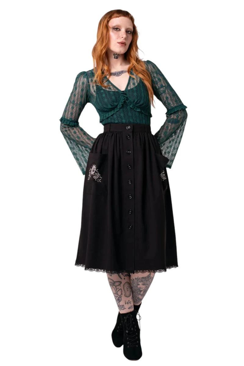 Hell Bunny Danica Skirt - Black Midi with Sun & Moon Embroidery