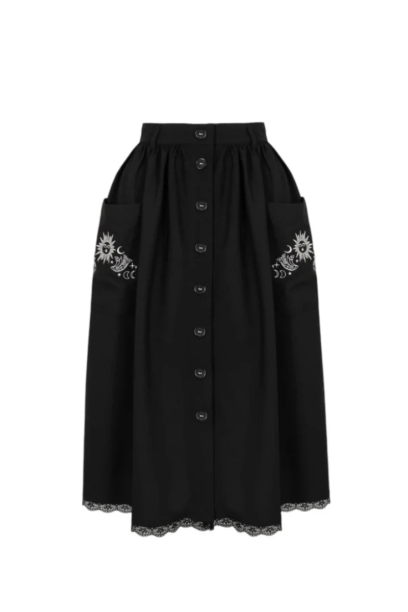 Hell Bunny Danica Skirt - Black Midi with Sun & Moon Embroidery