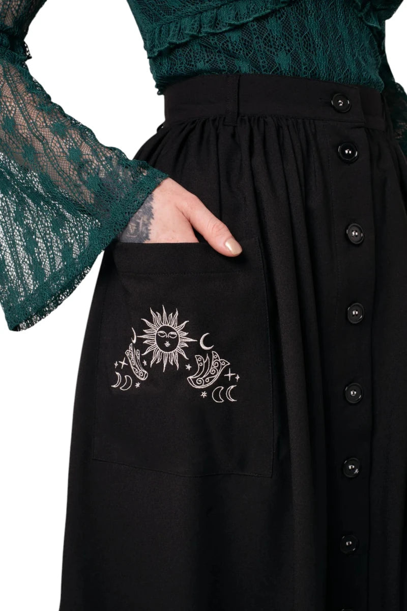 Hell Bunny Danica Skirt - Black Midi with Sun & Moon Embroidery