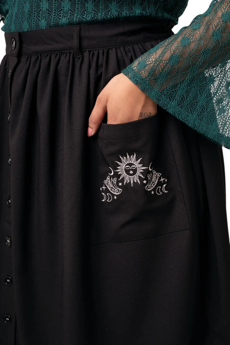 Hell Bunny Danica Skirt - Black Midi with Sun & Moon Embroidery